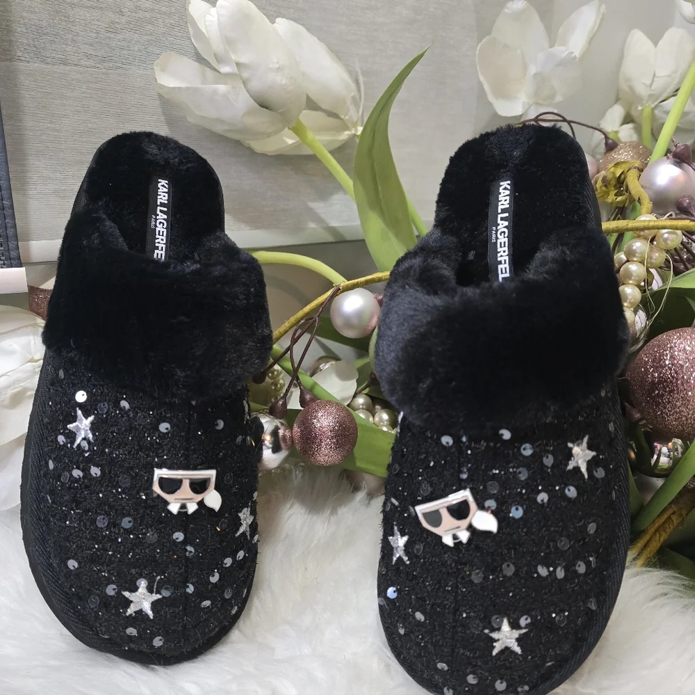 Karl Lagerfeld Hessa Tweed Pink Faux Fur Trim Platform Women's Slides Size11